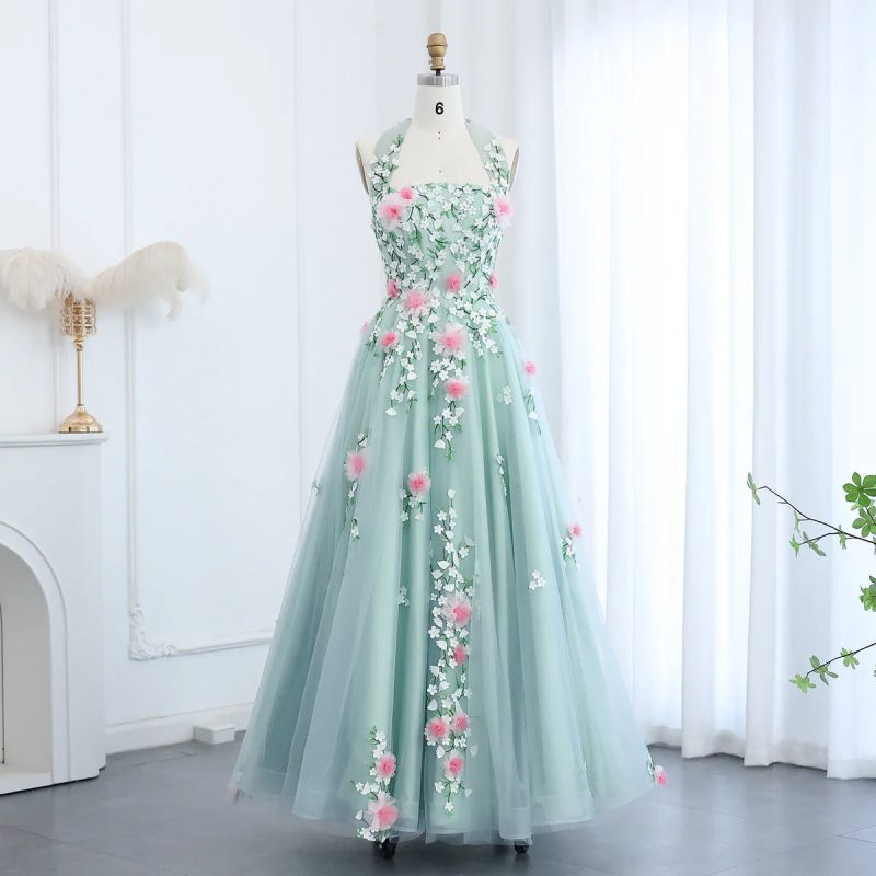 arab chic 3d flowers halter aqua evening dress ss219 2