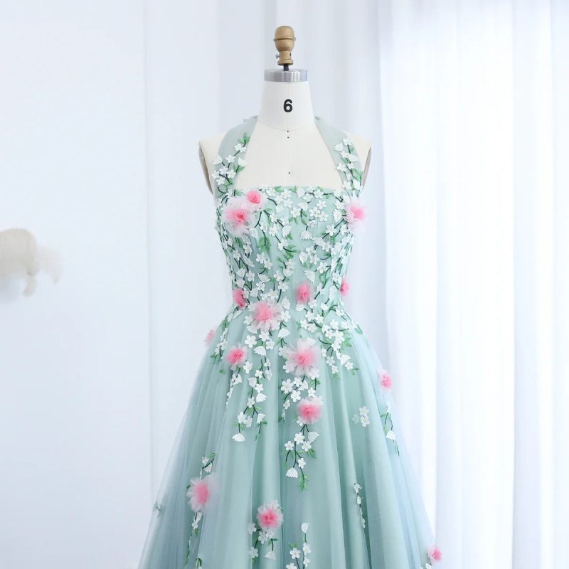 arab chic 3d flowers halter aqua evening dress ss219 4