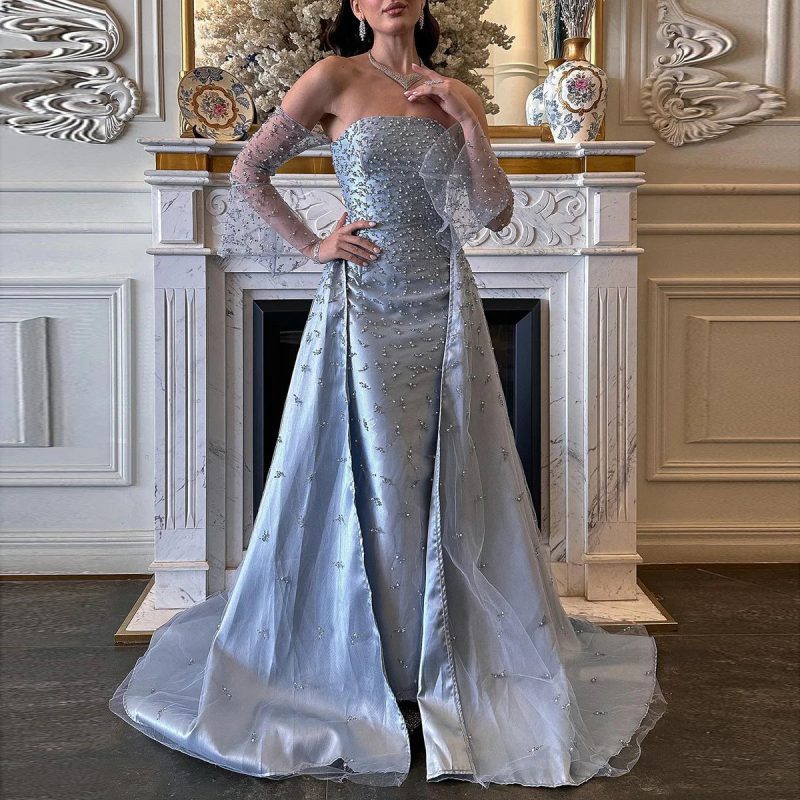 arab dubai evening dress silver gray woman wedding party prom gowns ss484