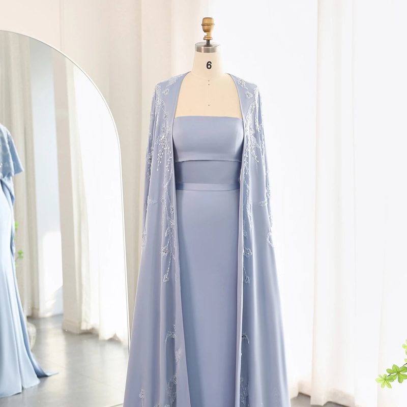 arabic blue mermaid evening dress with cape dubai women wedding gowns ss407 3