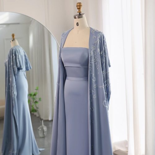 arabic blue mermaid evening dress with cape dubai women wedding gowns ss407 5