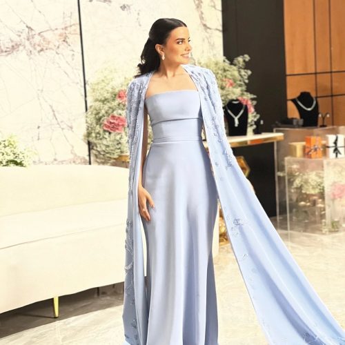 arabic blue mermaid evening dress with cape dubai women wedding gowns ss407