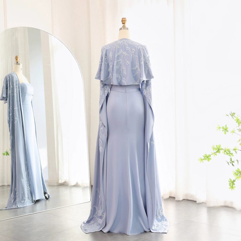 arabic blue mermaid evening dress with cape dubai women wedding gowns ss407 7