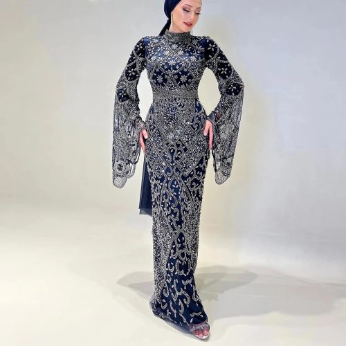 black luxury muslim evening dress long sleeves high neck arabic party gowns ss153 18