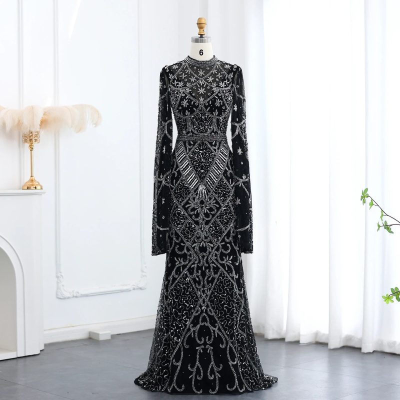 black luxury muslim evening dress long sleeves high neck arabic party gowns ss153 2