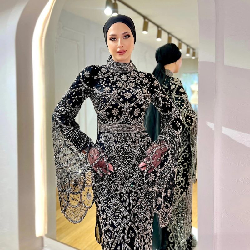 black luxury muslim evening dress long sleeves high neck arabic party gowns ss153 20