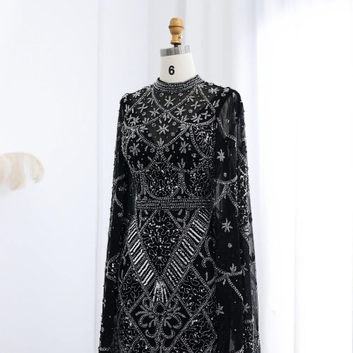 black luxury muslim evening dress long sleeves high neck arabic party gowns ss153 3