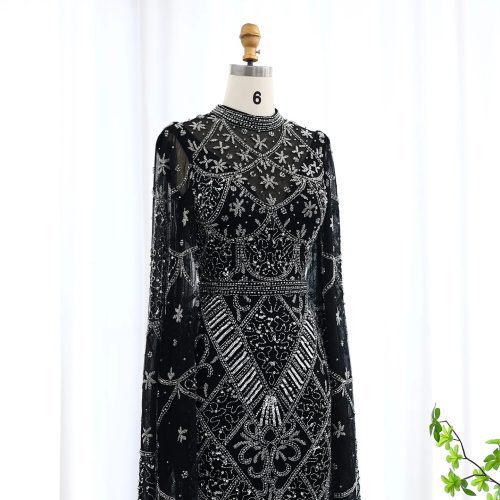 black luxury muslim evening dress long sleeves high neck arabic party gowns ss153 4