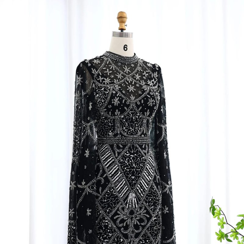 black luxury muslim evening dress long sleeves high neck arabic party gowns ss153 4