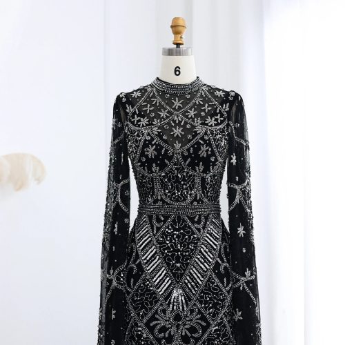 black luxury muslim evening dress long sleeves high neck arabic party gowns ss153 6