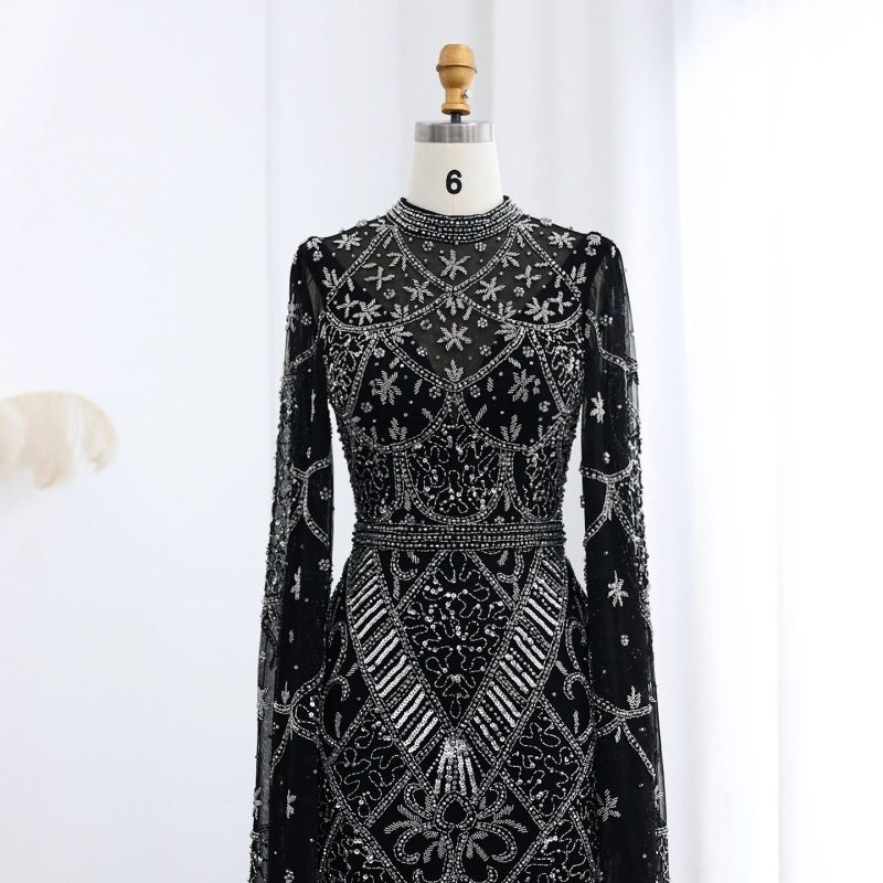 black luxury muslim evening dress long sleeves high neck arabic party gowns ss153 6