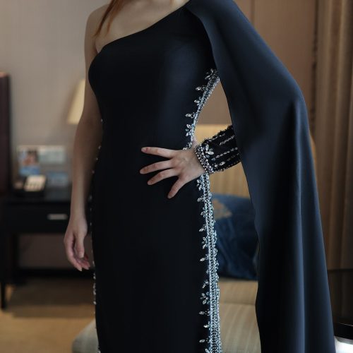 dreamy vow arabic black one shoulder mermaid luxury evening dress with cape sleeve elegant dubai women wedding party gown ss389 4