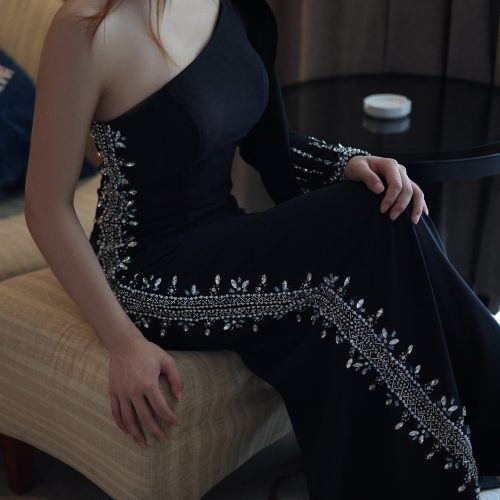 dreamy vow arabic black one shoulder mermaid luxury evening dress with cape sleeve elegant dubai women wedding party gown ss389 6