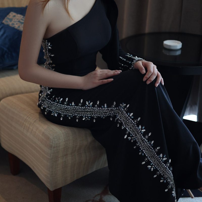 dreamy vow arabic black one shoulder mermaid luxury evening dress with cape sleeve elegant dubai women wedding party gown ss389 8