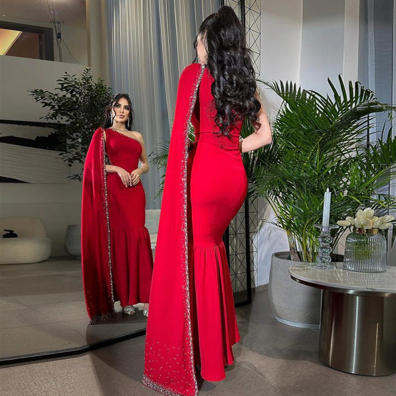 dreamy vow arabic burgundy one shoulder evening dress with cape sleeve women for wedding luxury dubai formal party gowns ss384 13