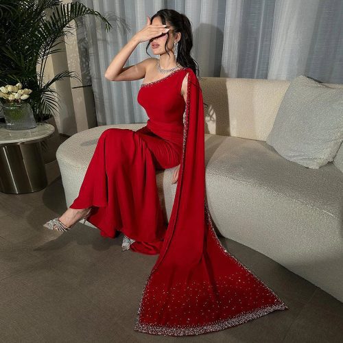 dreamy vow arabic burgundy one shoulder evening dress with cape sleeve women for wedding luxury dubai formal party gowns ss384 9