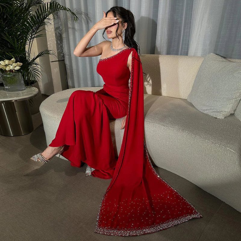 dreamy vow arabic burgundy one shoulder evening dress with cape sleeve women for wedding luxury dubai formal party gowns ss384 9