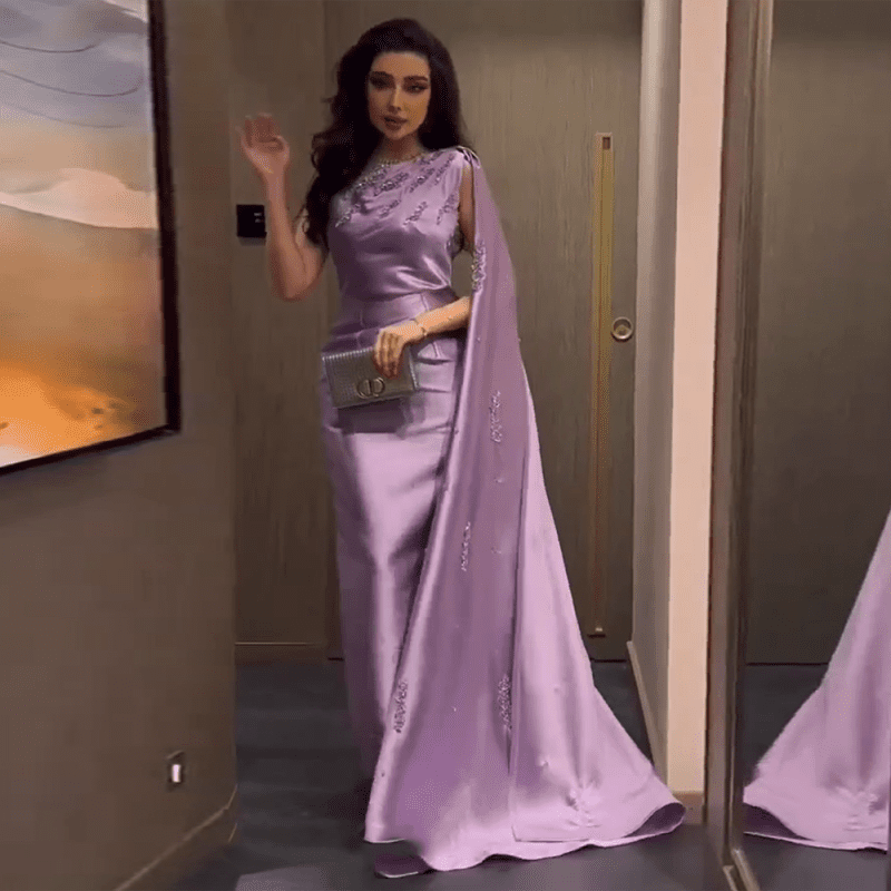 dreamy vow arabic one shoulder lilac dubai evening dresses with cape elegant ankle length women wedding guest party gowns ss273