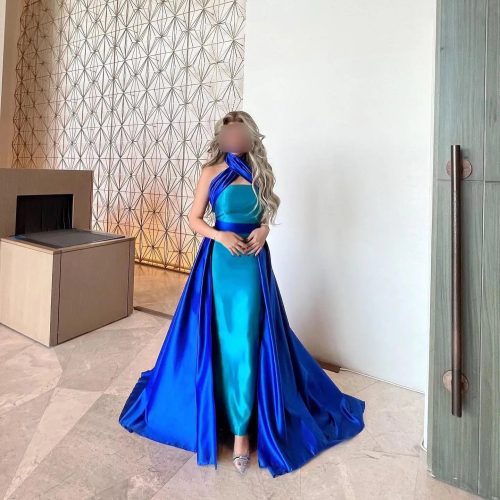 Dreamy Vow Arabic Royal Blue Contrast Turquoise Evening Dress with Overskirt Criss Cross Halter Women Wedding Party Dress SF012-DreamyVow