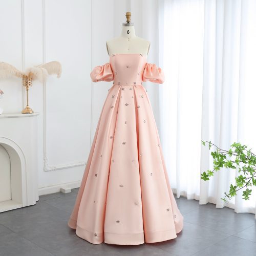 Dreamy Vow Arabic Women Blush Pink Satin Dubai Evening Dresses with Cap Sleeves Crystal Wedding Party Gowns SS442-DreamyVow