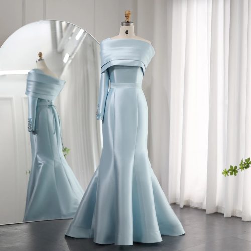 Dreamy Vow Arabic Yellow One Shoulder Mermaid Evening Dress with Cape Baby Blue Beaded Dubai Luxury Wedding Party Dress SF014-DreamyVow