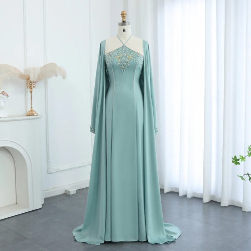 Dreamy Vow audi Arabic Sage Green Halter Evening Dresses with Cape Luxury Dubai Women Wedding Party Gowns SS301-DreamyVow