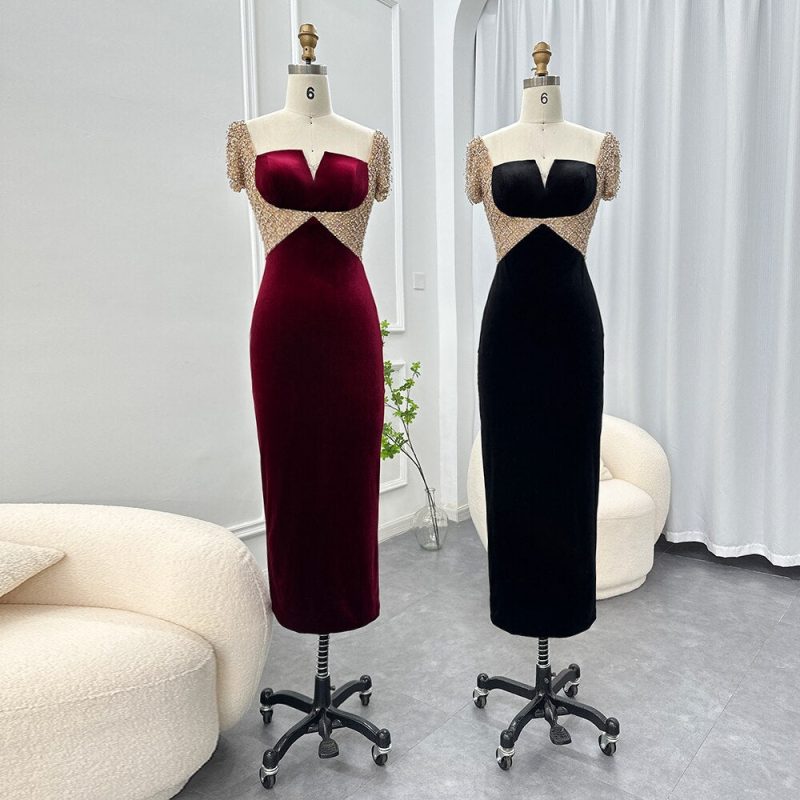 dreamy vow black midi straight evening dresses 2023 luxury dubai crystal ankle length arabic women wedding party gowns ss282 3