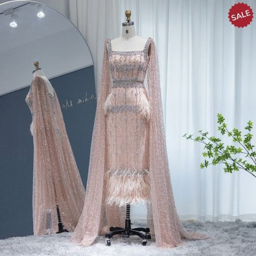 dreamy vow bling gray mermaid arabic evening dress with cape luxury feather dubai formal dresses for women wedding party ss279 18