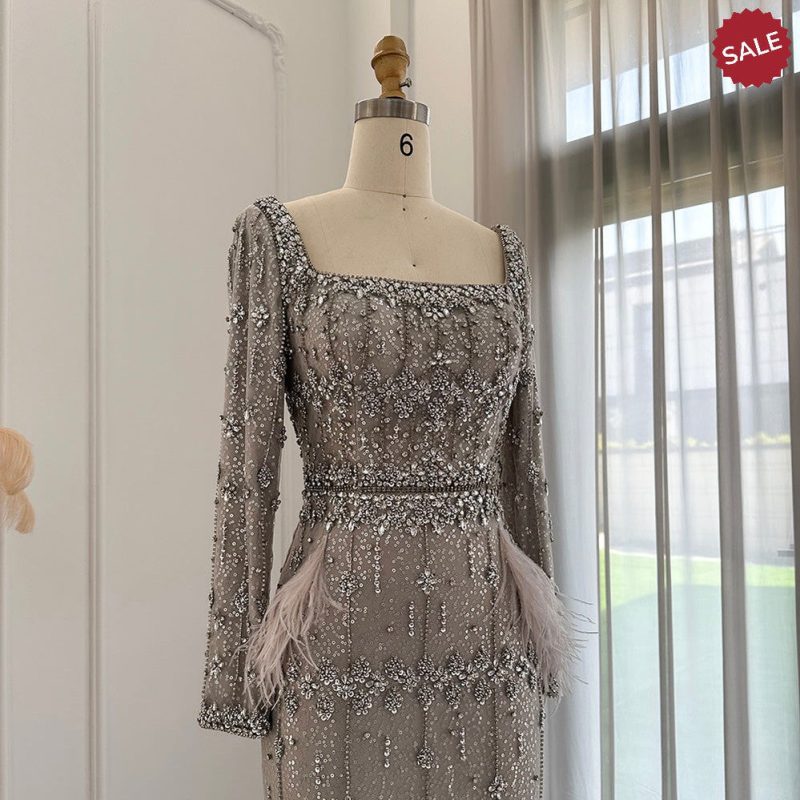 dreamy vow bling gray mermaid arabic evening dress with cape luxury feather dubai formal dresses for women wedding party ss279 22