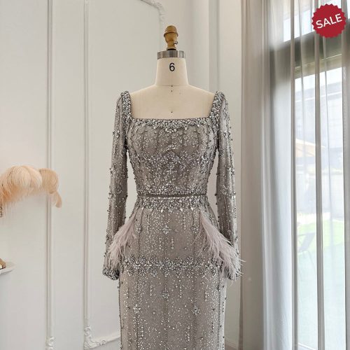 dreamy vow bling gray mermaid arabic evening dress with cape luxury feather dubai formal dresses for women wedding party ss279 23