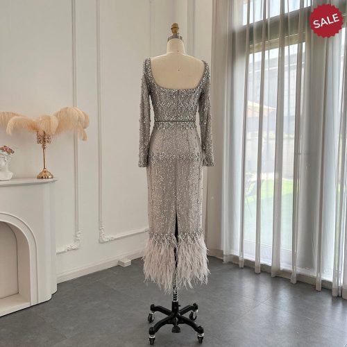 dreamy vow bling gray mermaid arabic evening dress with cape luxury feather dubai formal dresses for women wedding party ss279 25