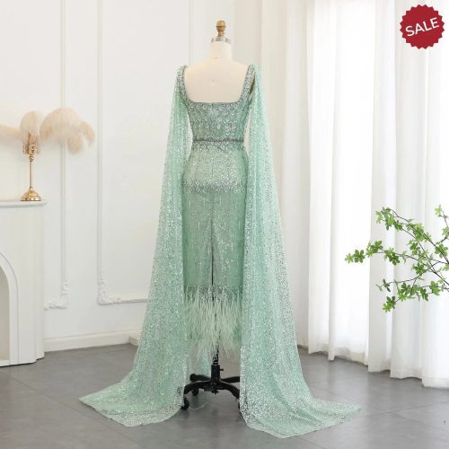 dreamy vow bling gray mermaid arabic evening dress with cape luxury feather dubai formal dresses for women wedding party ss279 38