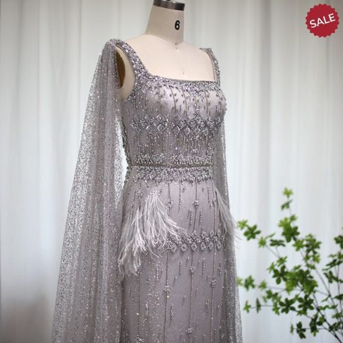 dreamy vow bling gray mermaid arabic evening dress with cape luxury feather dubai formal dresses for women wedding party ss279 4