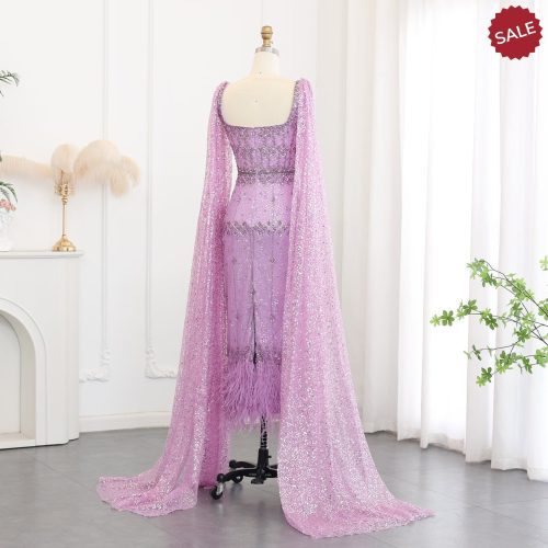 dreamy vow bling gray mermaid arabic evening dress with cape luxury feather dubai formal dresses for women wedding party ss279 46