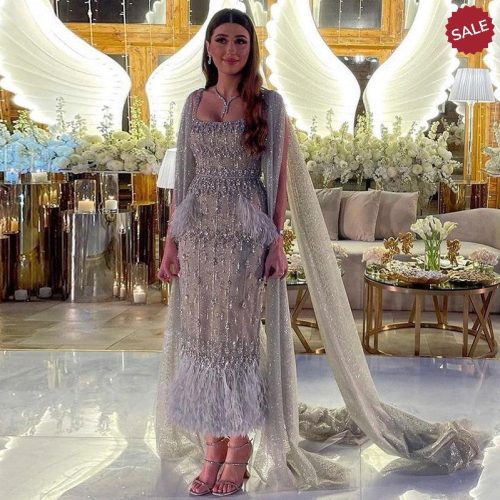 dreamy vow bling gray mermaid arabic evening dress with cape luxury feather dubai formal dresses for women wedding party ss279