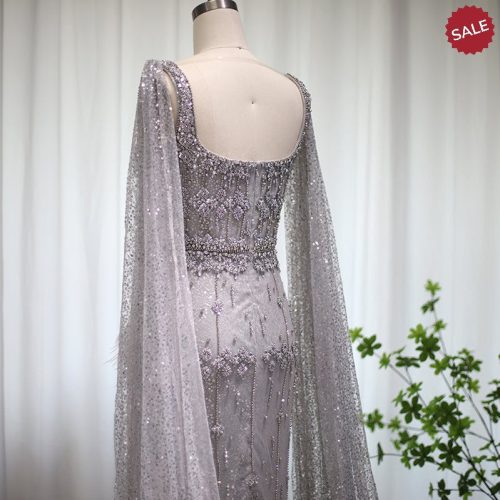 dreamy vow bling gray mermaid arabic evening dress with cape luxury feather dubai formal dresses for women wedding party ss279 6