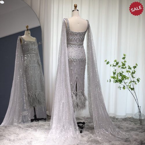 dreamy vow bling gray mermaid arabic evening dress with cape luxury feather dubai formal dresses for women wedding party ss279 7