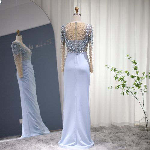 dreamy vow blue mermaid arabic evening dresses dubai luxury pearls long sleeves muslim formal dress for women wedding ss272 6