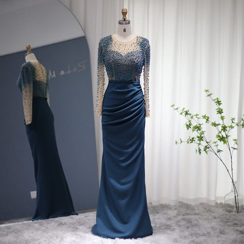 dreamy vow blue mermaid arabic evening dresses dubai luxury pearls long sleeves muslim formal dress for women wedding ss272 7