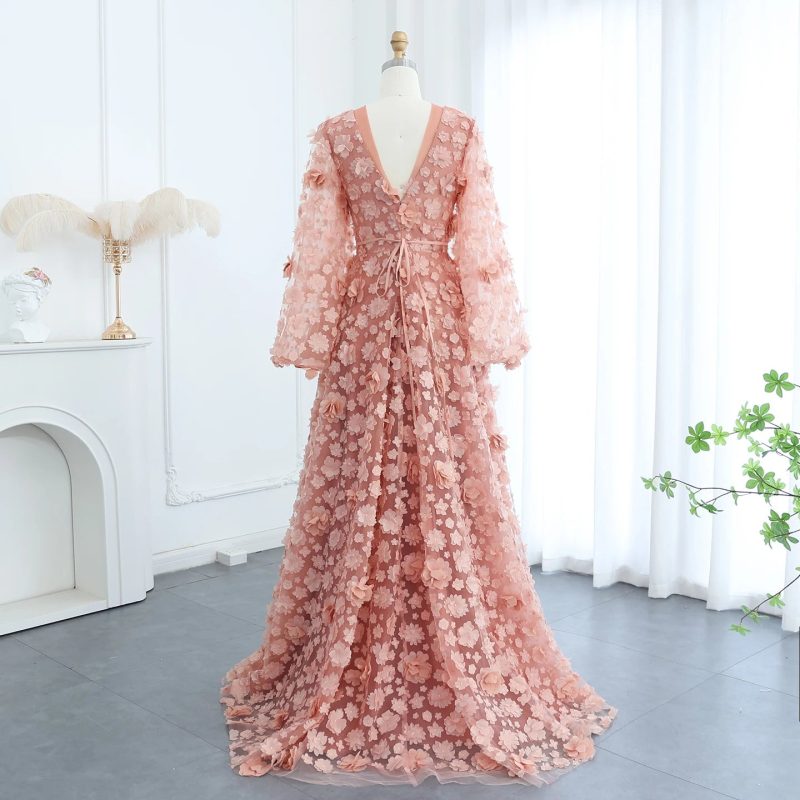 dreamy vow blush peach pink 3d flowers evening dresses with bell long sleeves v neck arabic wedding party birthday gowns ss295 10