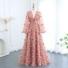 Dreamy Vow Blush Peach-Pink 3D Flowers Evening Dresses with Bell Long Sleeves V-Neck Arabic Wedding Party Birthday Gowns SS295-DreamyVow