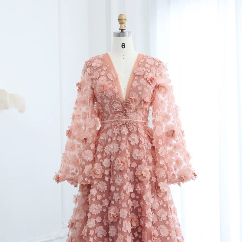 dreamy vow blush peach pink 3d flowers evening dresses with bell long sleeves v neck arabic wedding party birthday gowns ss295 4