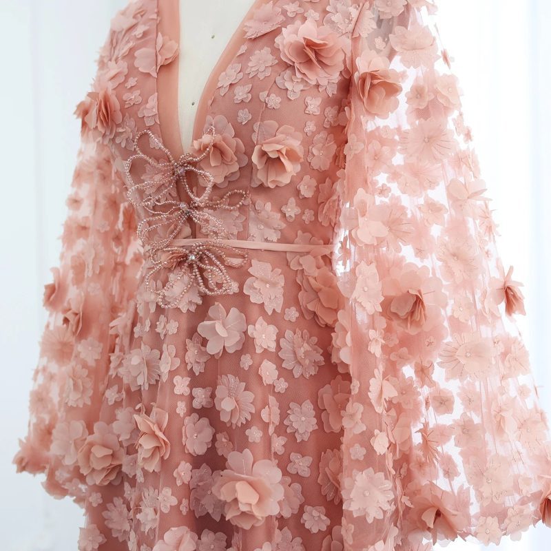 dreamy vow blush peach pink 3d flowers evening dresses with bell long sleeves v neck arabic wedding party birthday gowns ss295 5