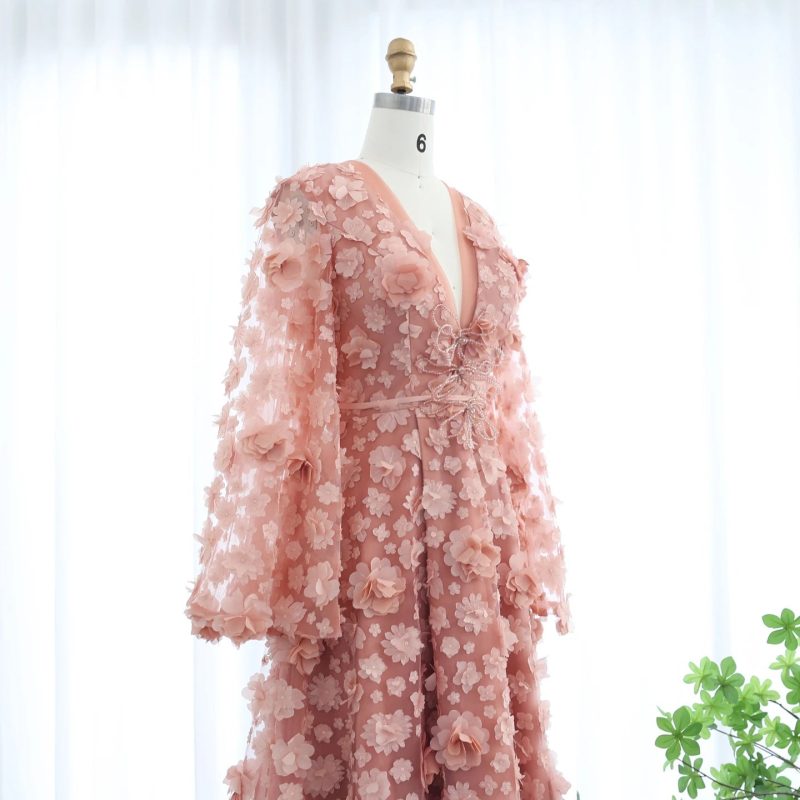 dreamy vow blush peach pink 3d flowers evening dresses with bell long sleeves v neck arabic wedding party birthday gowns ss295 6