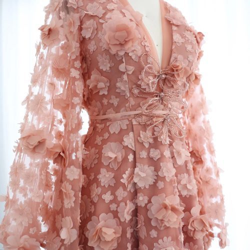 dreamy vow blush peach pink 3d flowers evening dresses with bell long sleeves v neck arabic wedding party birthday gowns ss295 7