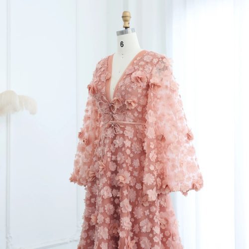 dreamy vow blush peach pink 3d flowers evening dresses with bell long sleeves v neck arabic wedding party birthday gowns ss295 8