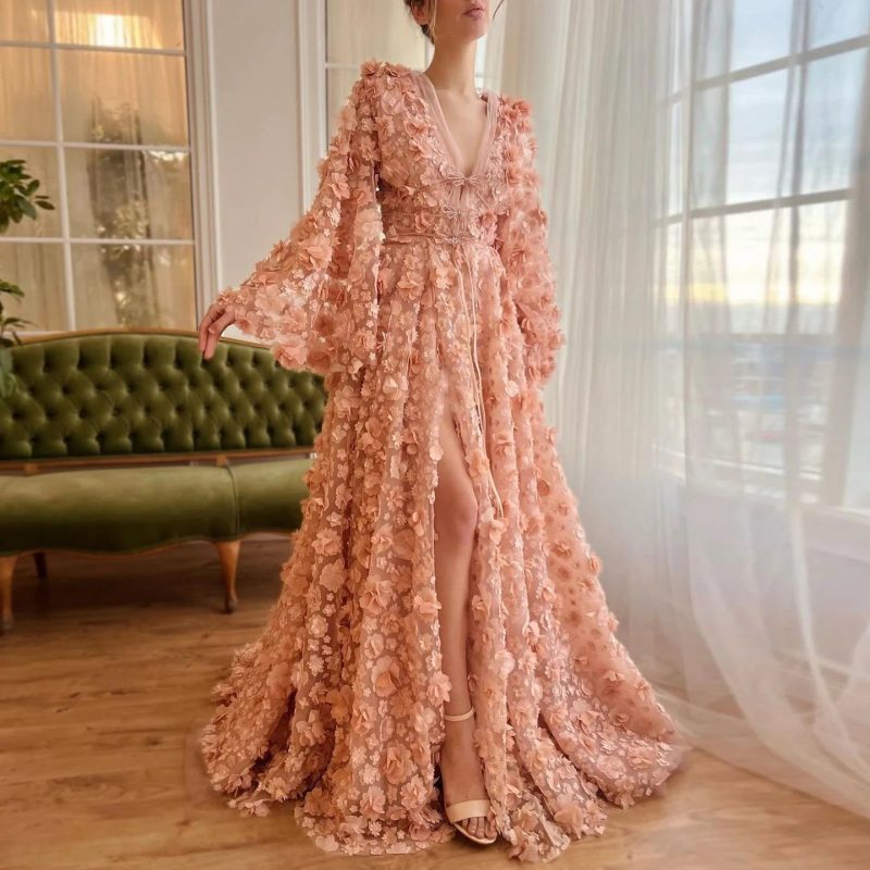 dreamy vow blush peach pink 3d flowers evening dresses with bell long sleeves v neck arabic wedding party birthday gowns ss295