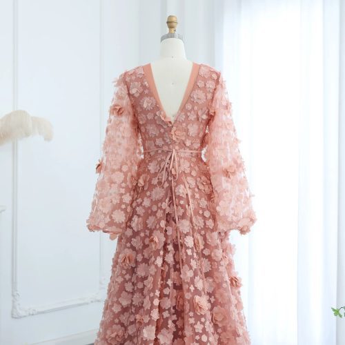 dreamy vow blush peach pink 3d flowers evening dresses with bell long sleeves v neck arabic wedding party birthday gowns ss295 9