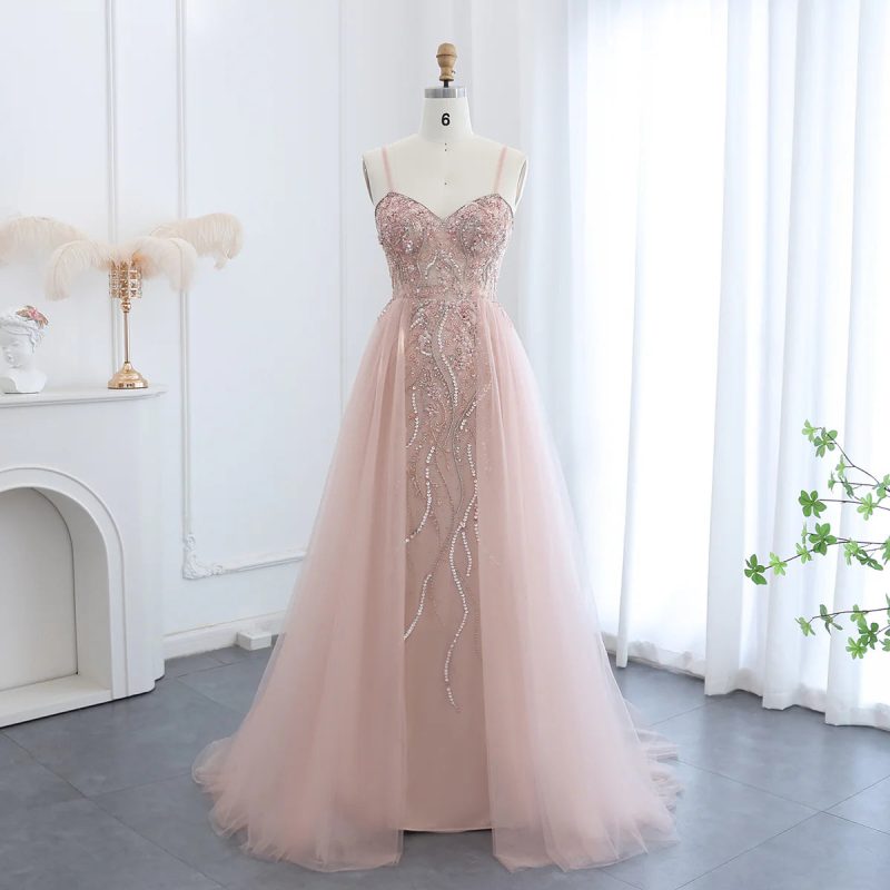 Dreamy Vow Blush Pink Dubai Evening Dresses with Overskirt Spaghetti Straps Sexy Long Luxury Wedding Party Prom Dress SS266-DreamyVow