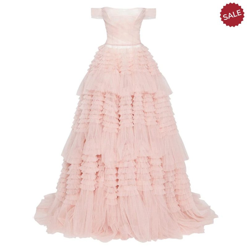 dreamy vow blush pink off shoulder ruffles evening dress for women wedding elegant tiered ball gown prom party desses sf087 10